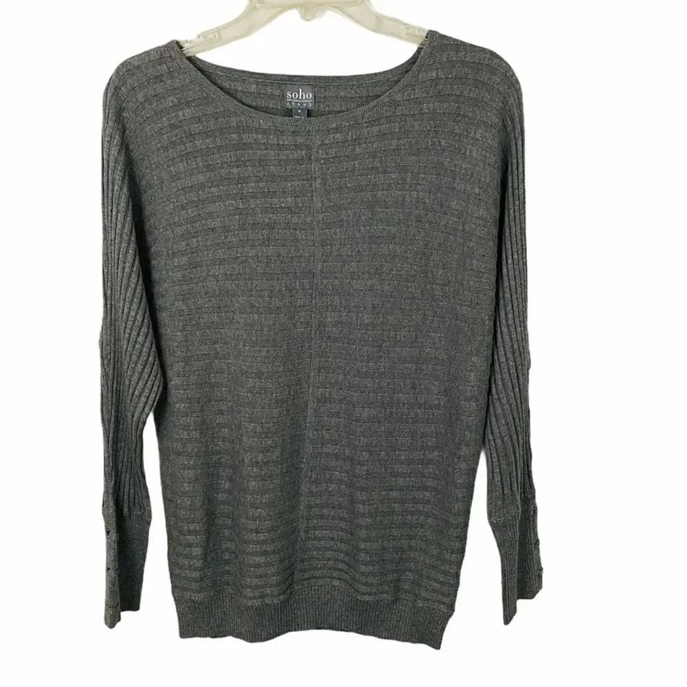 Soho Grey Crew Neck Ribbed Sweater With Laced Sleeves Size Medium